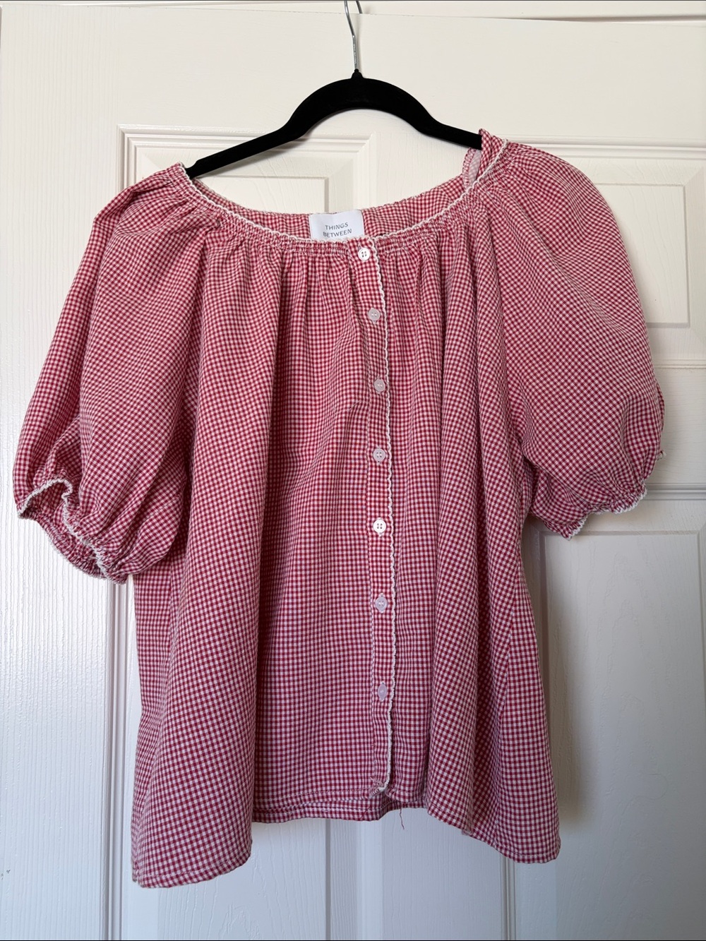 Things Between Red Gingham Puff Sleeve Button-Front Top